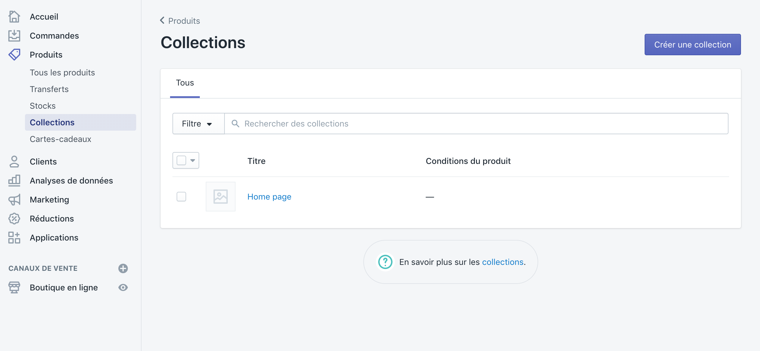 page des collections de Shopify