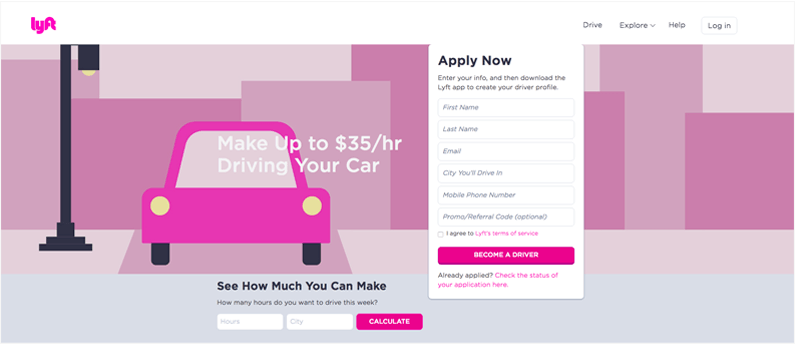 high converting landing page example lyft